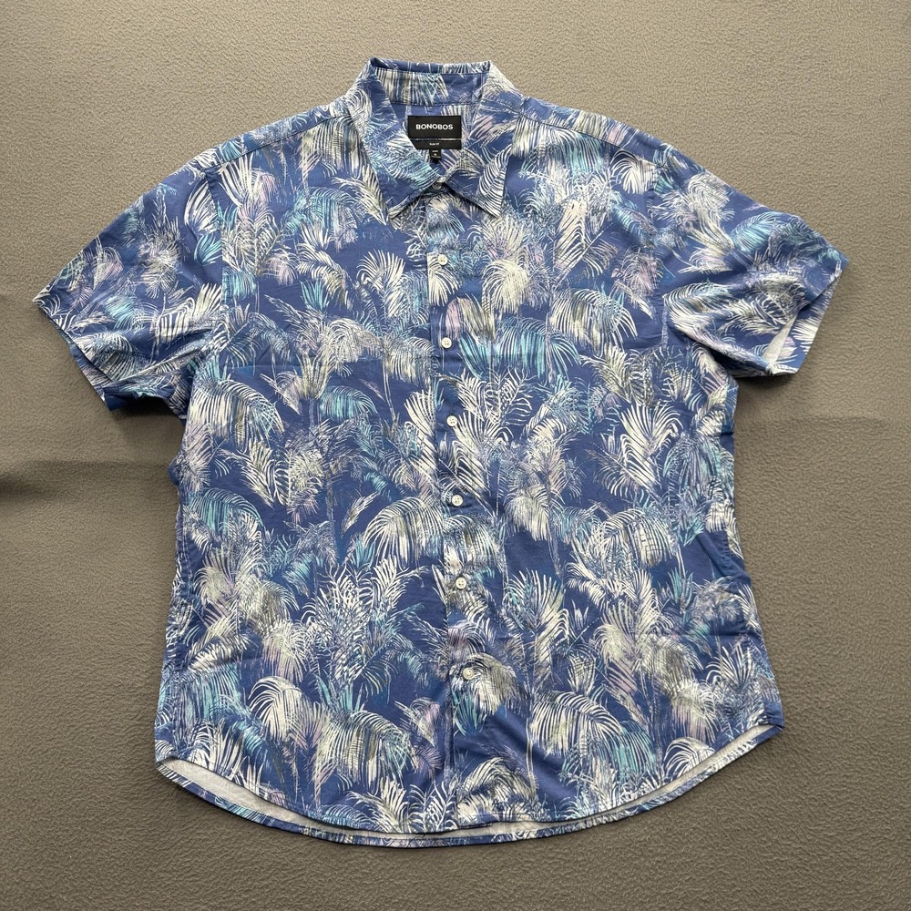 Bonobos Shirt Mens XL Blue Palm Leaf Hawaiian Short Sleeve Button Up Stretch